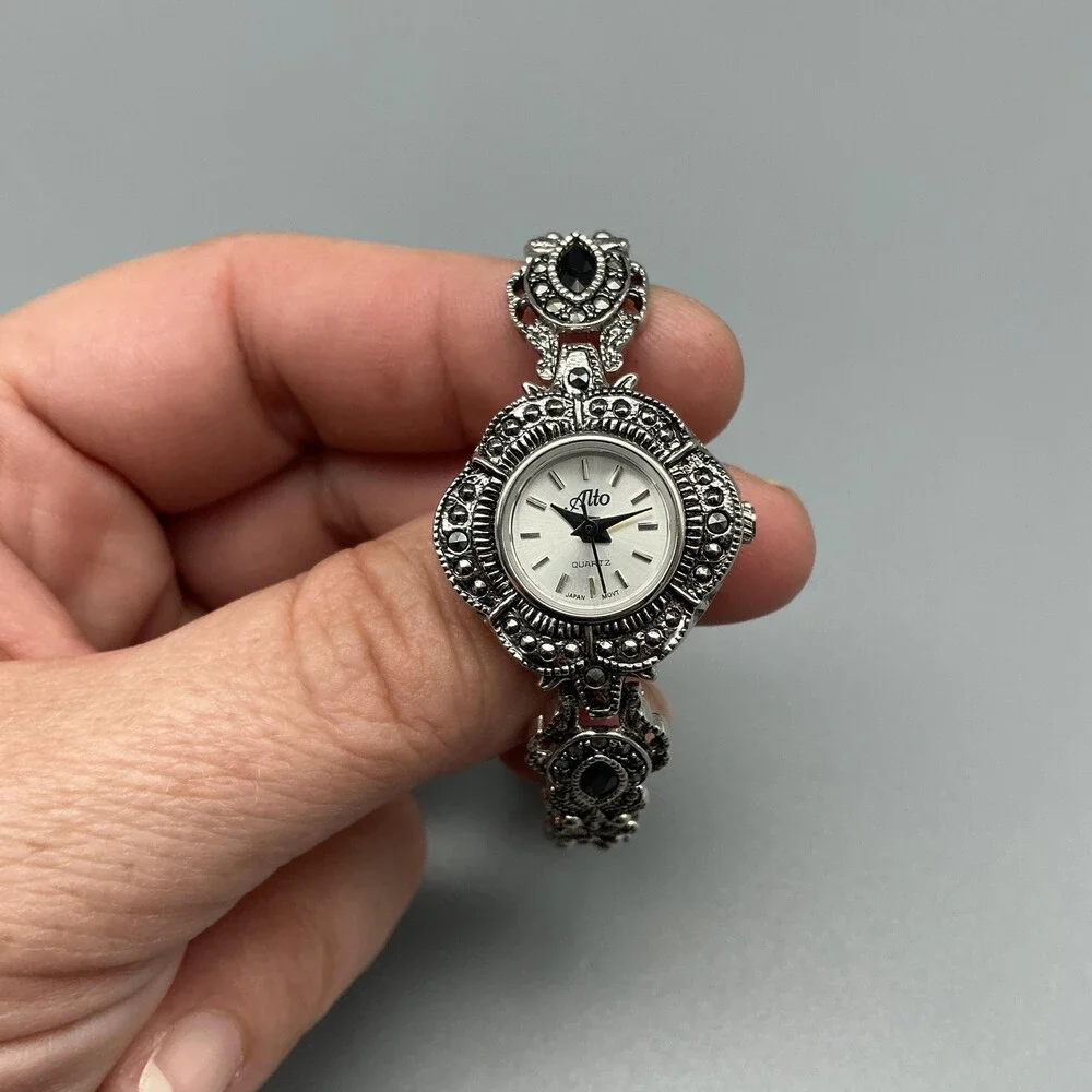 Alto Marcasite Womens Watch 24mm Silver Tone Dress Bracelet New Battery 7.25